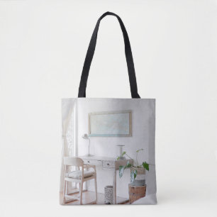 EMPTY DESK NEAR CURTAIN TOTE BAG