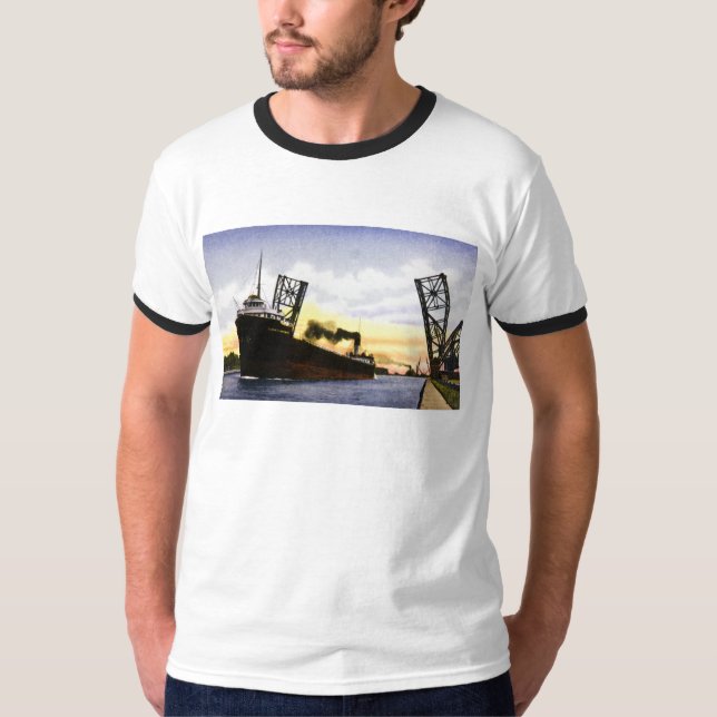 Empty Freighter Passing Bascule Bridge, Soo Locks T-Shirt (Front)