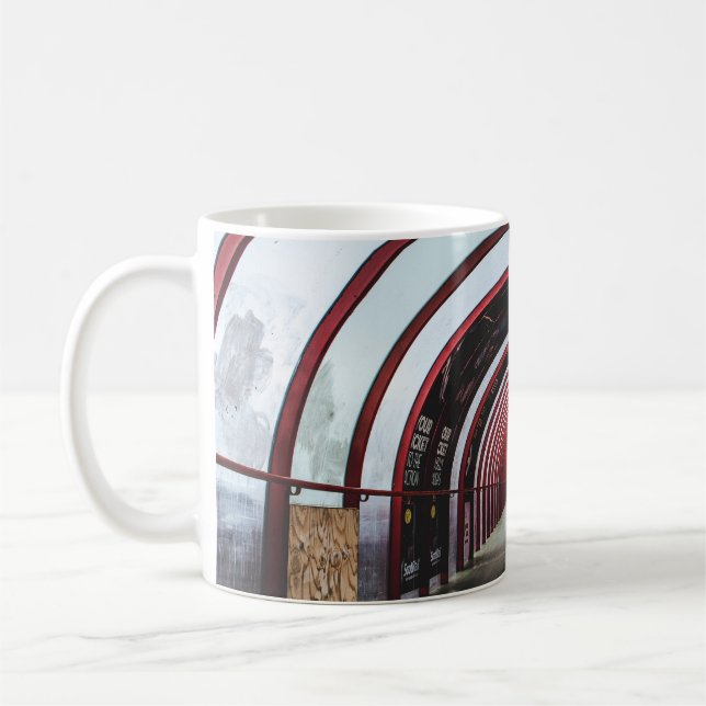 EMPTY RED AND WHITE GLASS TUNNEL COFFEE MUG (Left)