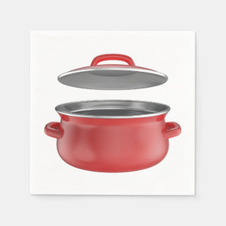 Empty red cooking pot with lid napkin