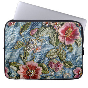 Emroidered Jewel Floral Denim Texture Laptop Sleeve