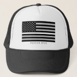 EMS Thin White Line American Flag Add Name Trucker Hat<br><div class="desc">This hat features a black,  grey,  and white EMS EMT first responder thin white line American flag and a name for you to personalise.</div>