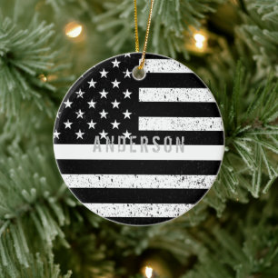 EMT distressed Thin White Line with name Ceramic Tree Decoration