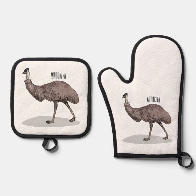 Emu bird cartoon illustration  oven mitt & pot holder set (Front)