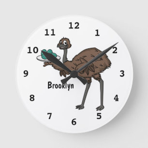 Emu with eggs cartoon illustration round clock