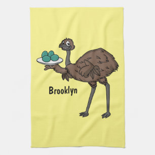 Emu with eggs cartoon illustration tea towel