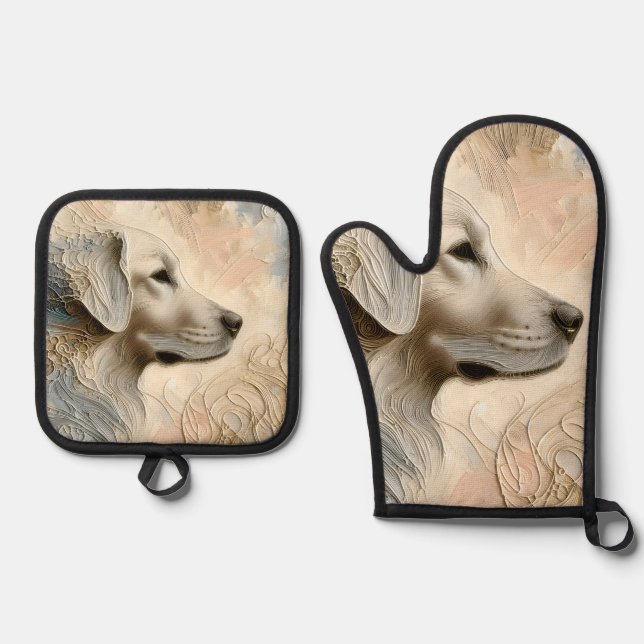 Encaustic Paint Portait of a Golden Retriever Oven Mitt & Pot Holder Set (Front)