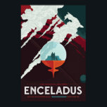 Enceladus Vintage Space Travel Poster<br><div class="desc">Visit Beautiful Southern Enceladus MORE THAN 100 BREATHTAKING GEYSERS! The discovery of Enceladus' icy jets and their role in creating Saturn's E-ring is one of the top findings of the Cassini mission to Saturn. Further Cassini mission discoveries revealed strong evidence of a global ocean and the first signs of potential...</div>