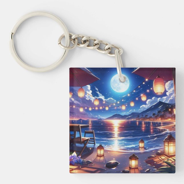 Enchanted Beach at Night Painting Key Ring (Front)