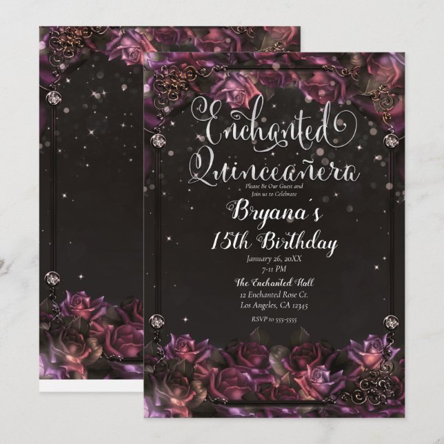Enchanted Berry Roses Dark Floral Quinceañera Invitation (Front/Back)