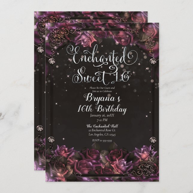 Enchanted Berry Roses Dark Floral Sweet 16 Party Invitation (Front/Back)