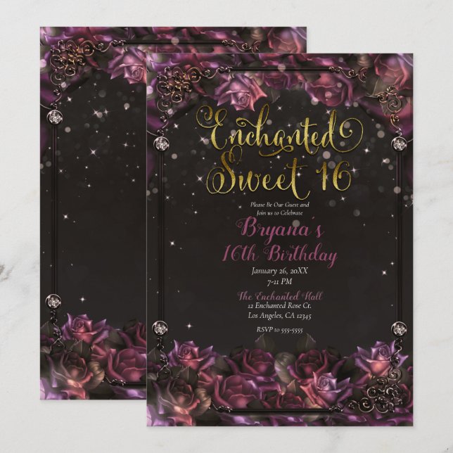 Enchanted Berry Roses Floral Gold Sweet 16 Party Invitation (Front/Back)