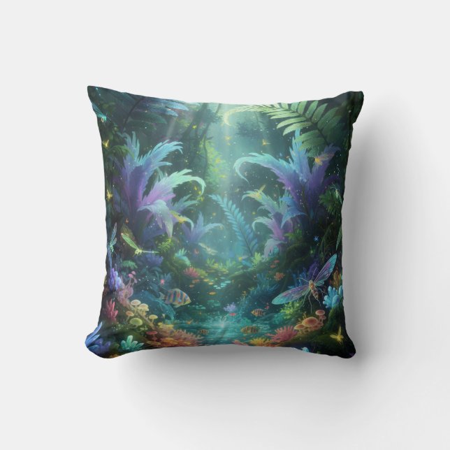 Enchanted Bioluminescent Forest Magical Jungle  Cushion (Front)