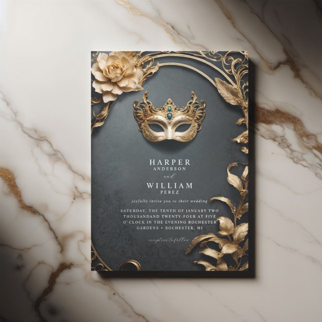 Enchanted black and gold Masquerade Wedding Invitation (Masquerade wedding invitation with baroque undertones and elegant gold foliage)
