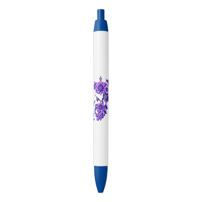  Enchanted Bloom – Mystical Floral Skull Blue Ink Pen (Front Vertical)
