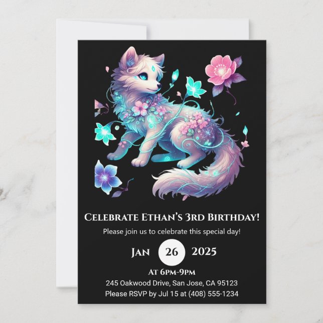 Enchanted Bloom Wolf Birthday Invitation (Front)