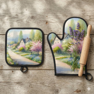 Enchanted Blossom Country Lane  Oven Mitt & Pot Holder Set