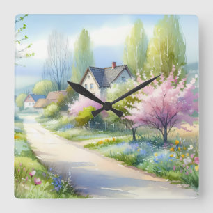 Enchanted Blossom Country Lane Square Wall Clock