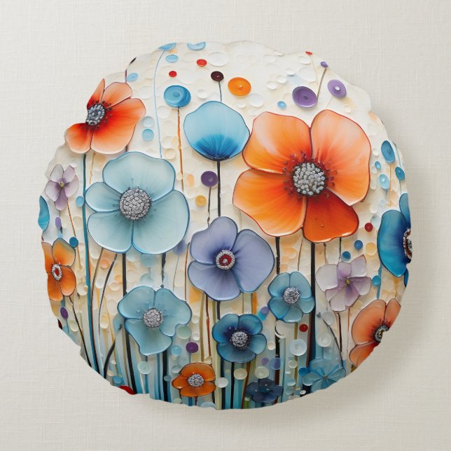 Enchanted Blossoming Meadow Wildflowers Round Cushion (Front)
