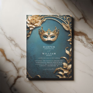 Enchanted blue and gold Masquerade Wedding Invitation