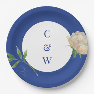 Enchanted Blue Lemon Blossom Monogrammed Wedding Paper Plate