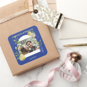 Enchanted Blue Lemon Blossom Photo Wedding Square Sticker