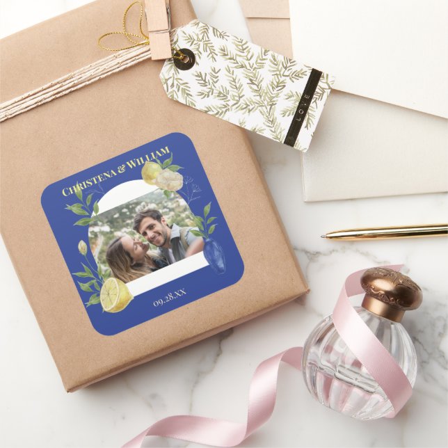 Enchanted Blue Lemon Blossom Photo Wedding Square Sticker (Gifting)