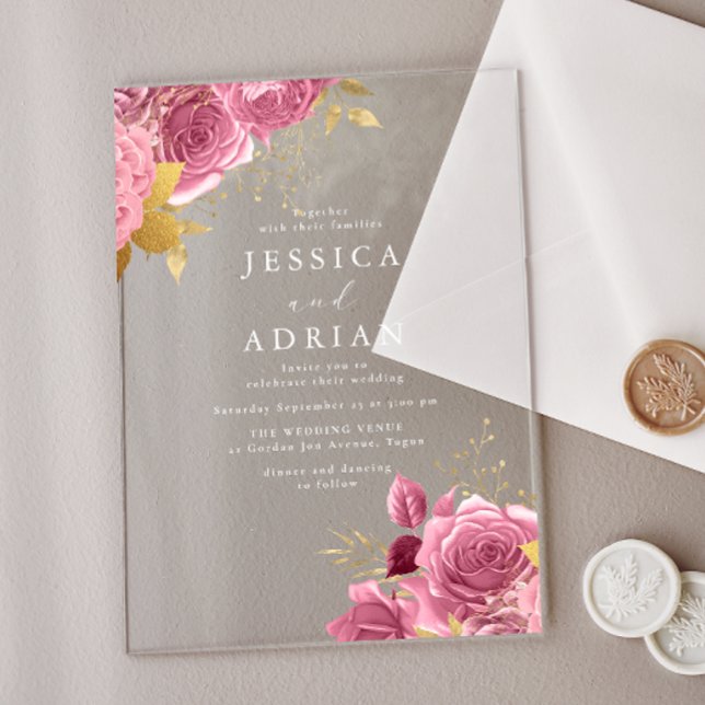 Enchanted Blush & Gold Floral Wedding Acrylic Invitations (Creator Uploaded)