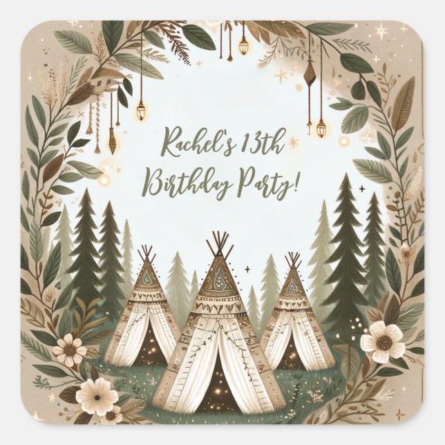 Enchanted Boho Forest Teepee Sleepover Party  Square Sticker (Front)