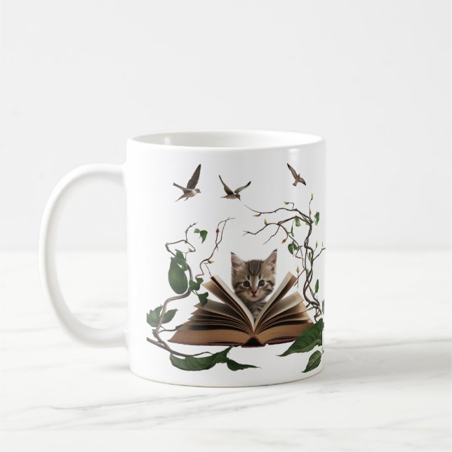 Enchanted Bookworm Kitten Coffee Mug  (Left)