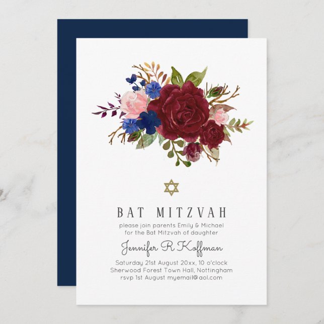 Enchanted Burgundy Blue Pink Floral BAT MITZVAH Invitation (Front/Back)