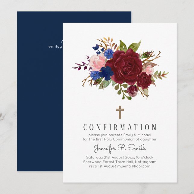 Enchanted Burgundy Blue Pink Floral CONFIRMATION Invitation (Front/Back)