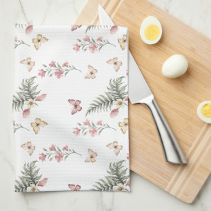 Enchanted Butterfly Garden Romantic Floral Pattern Tea Towel