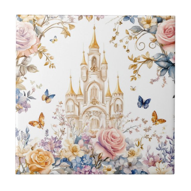 Enchanted Castle in Bloom Pastel Floral Fairytale Tile (Front)