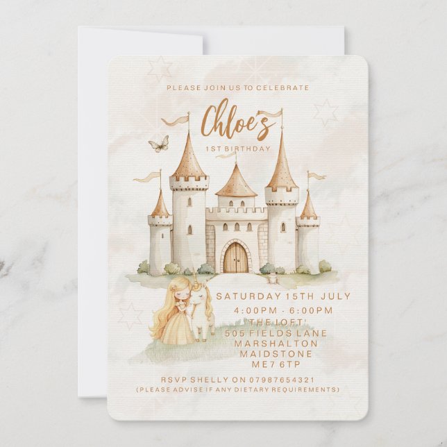 🏰✨ Enchanted Castle Princess 1st Birthday Invites (Front)