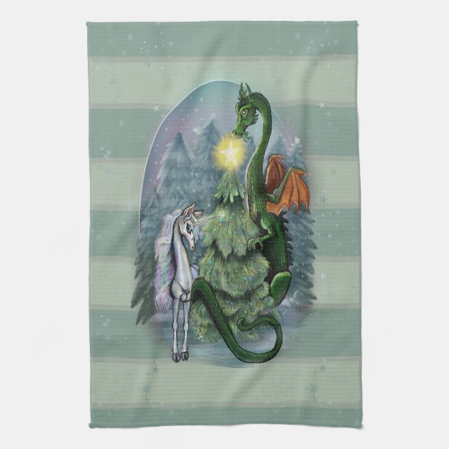 Enchanted Christmas Tree Dragon and Unicorn Tea Towel (Vertical)