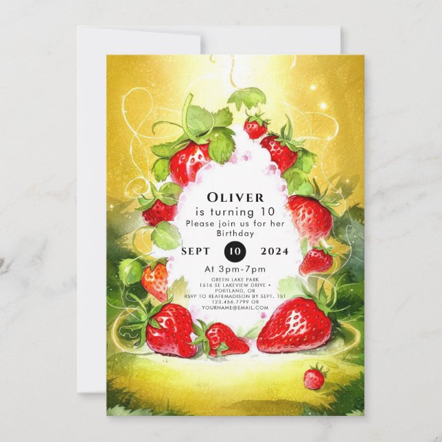 Enchanted Colourful Joyful Strawberry Birthday Invitation (Front)