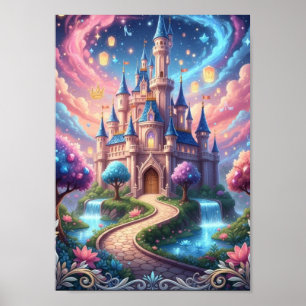 Enchanted Cosmic Castle Floating Lanterns Fantasy Poster