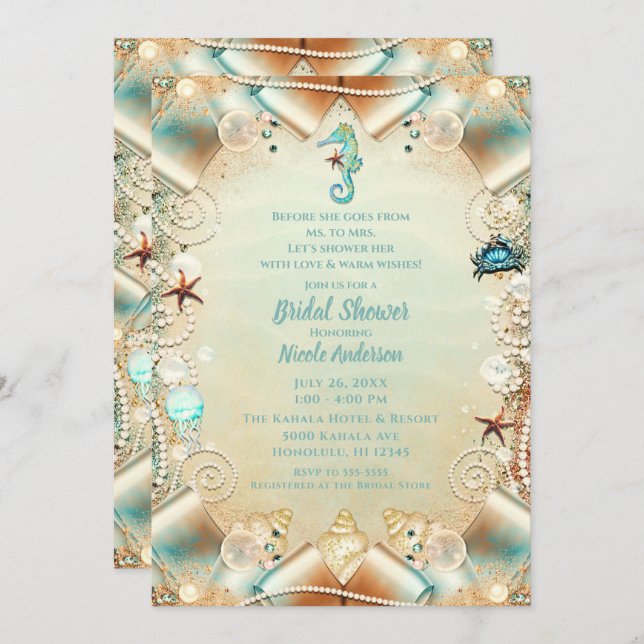 Enchanted Cream Under Sea Pearls Ribbon Bridal  Invitation (Front/Back)