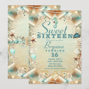Enchanted Cream Under Sea Pearls Ribbon Sweet 16 Invitation