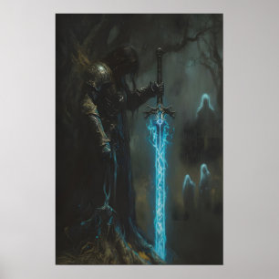 Enchanted Dark Medieval Knight with Glowing Sword Poster