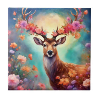 Enchanted Deer With Flowers Tile