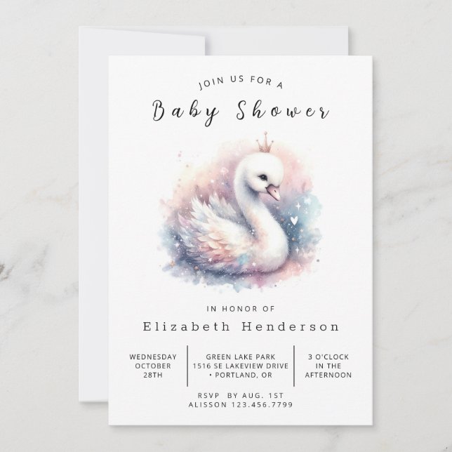 Enchanted Digital Swan Baby Shower Invitation (Front)