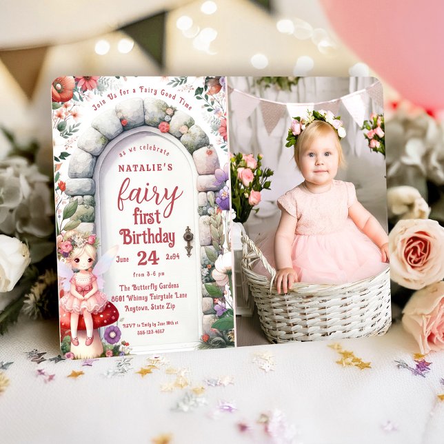 Enchanted Doorway Fairy First Birthday Party Photo Invitation (Fairy First Birthday Photo Invitation with Blonde Hair Fairy Girl and Enchanted Doorway.)