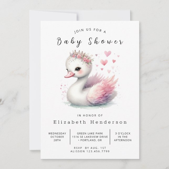 Enchanted Editable Swan Baby Shower Invitation (Front)
