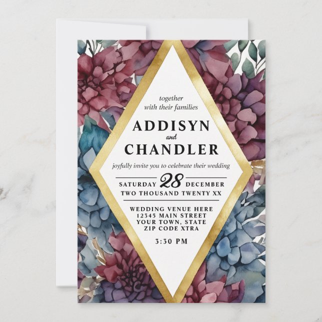Enchanted Elegance Jewel-Toned Floral Wedding Invitation (Front)