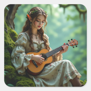 Enchanted Elven Fairy Playing Ukulele Square Sticker