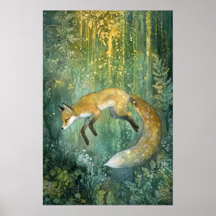 Enchanted Emerald Forest Magical Fox Art Poster