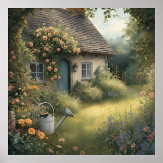 Enchanted English Cottage Garden with Roses Poster