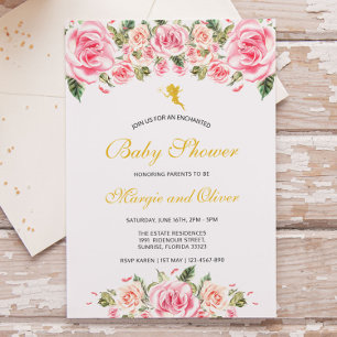 Enchanted Fairies Pink Florals Baby Shower Invitation